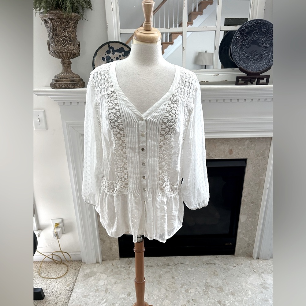Meadow Rue White Sheer Polka Dot Boho Top